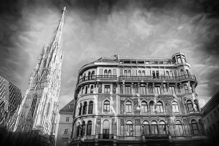 Architecture of Stephansplatz Vienna Austria Black and White Photograph by Carol Japp