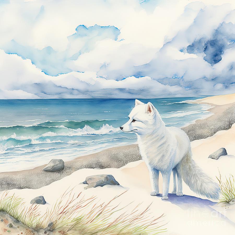 Wildlife Painting - Arctic Fox At The Beach Landscape  by N Akkash