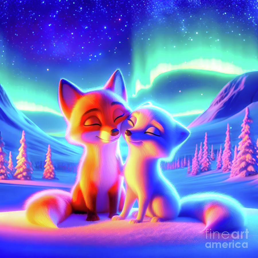 Fox Digital Art - Arctic Fox Couple in Love Under a Starry Sky and Northern Lights by Rose Santuci-Sofranko