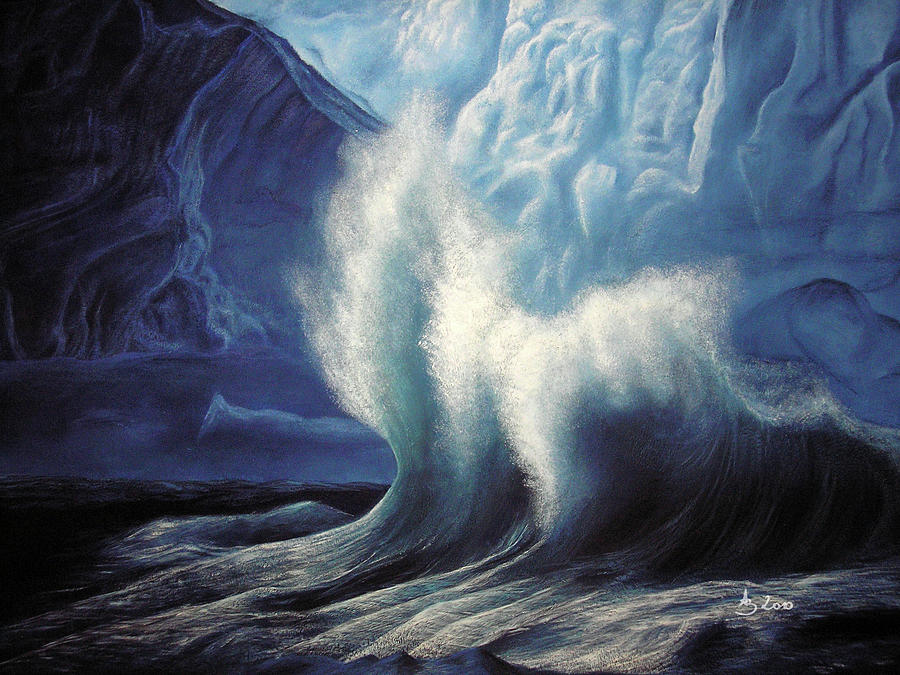 High Waves at Ice Cave Painting, Deep Blue Arctic Ocean Art Painting by Aneta Soukalova