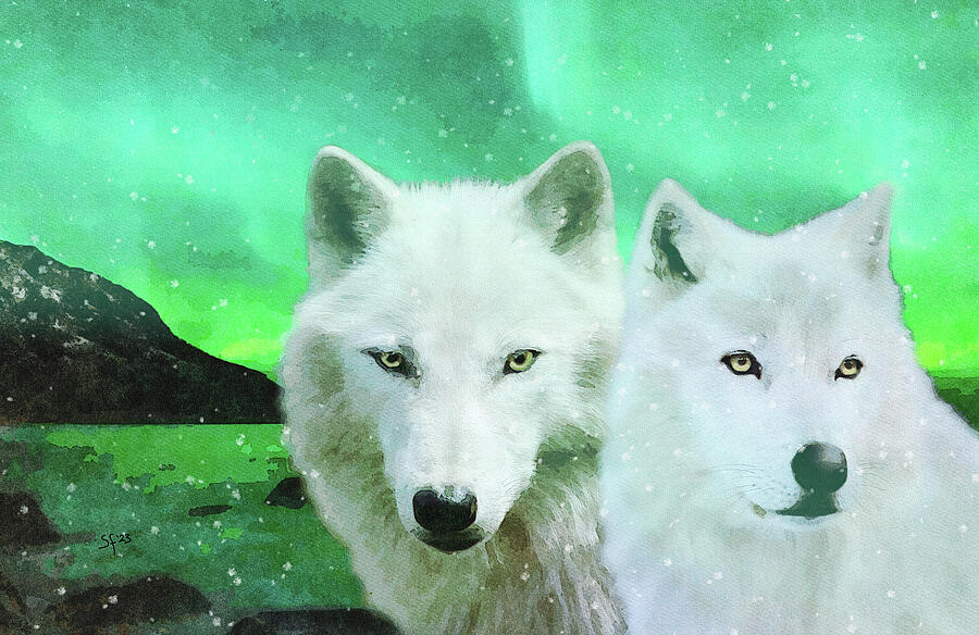 Arctic White Wolves and Northern Lights  Mixed Media by Shelli Fitzpatrick