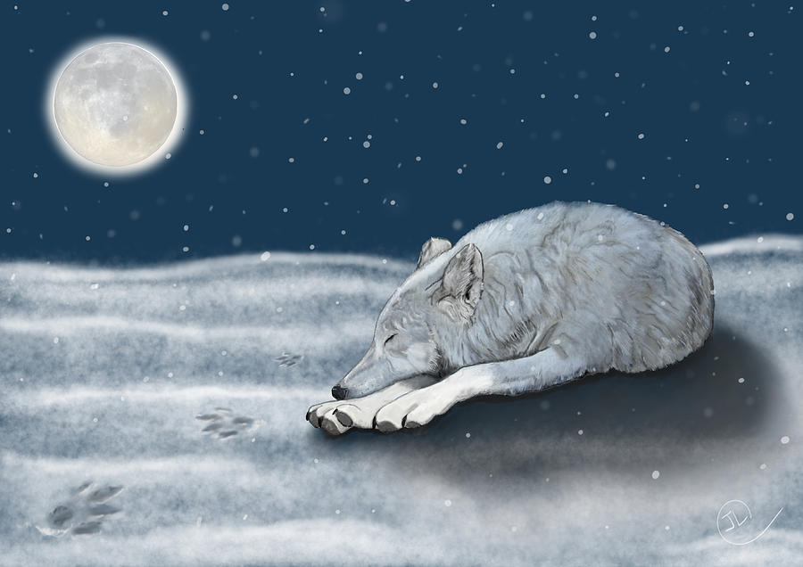 Arctic Wolf and Wolf Moon Painting by Judy Cuddehe