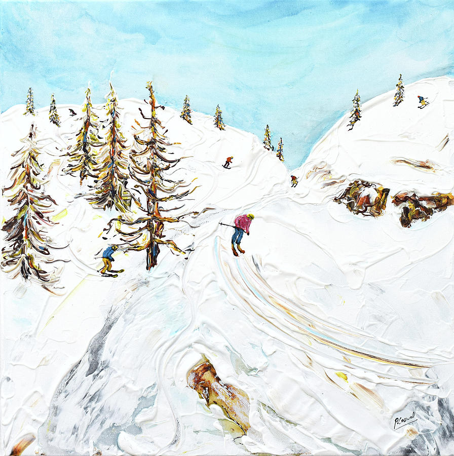 Argentiere cutting through the off piste. Painting by Pete Caswell