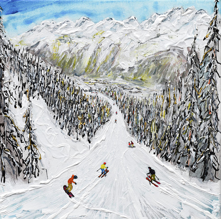 Argentiere Who stole my cable car ? Painting by Pete Caswell