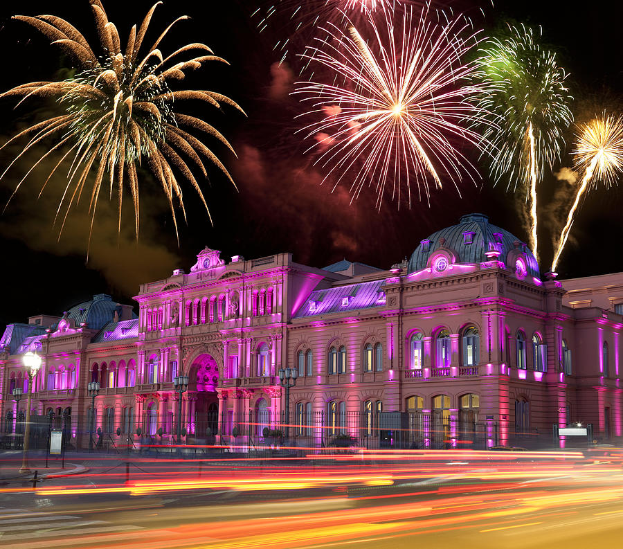 Argentina Buenos Aires Casa Rosada at night with fireworks Photograph by Grafissimo