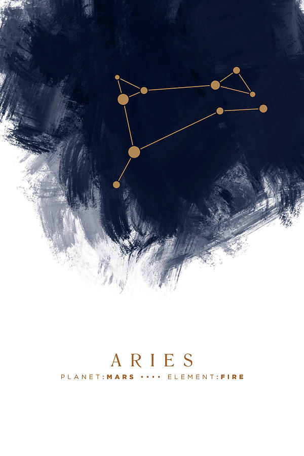 Aries Zodiac Sign - Minimal Print - Zodiac, Constellation, Astrology, Good Luck, Night Sky - Blue Mixed Media by Studio Grafiikka