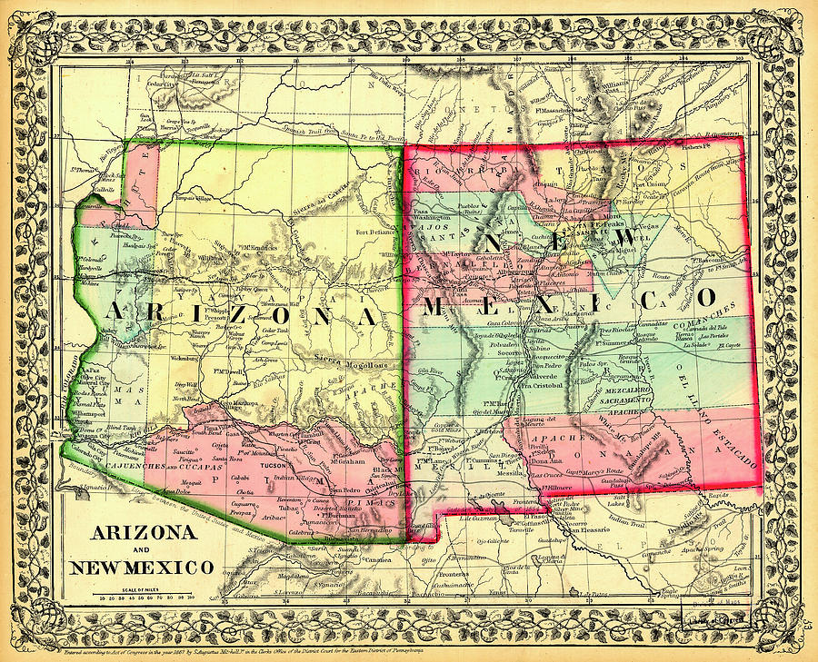 Arizona and New Mexico Historical Vintage Map Drawing by Joseph S Giacalone