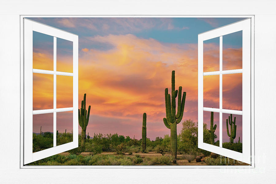Arizona Saguaro Colorful Sky White Open Window Frame View Photograph by James BO Insogna