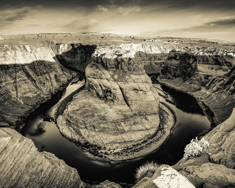 Arizona Solitude - Colorado River Around Horseshoe Bend In Sepia Photograph by Gregory Ballos