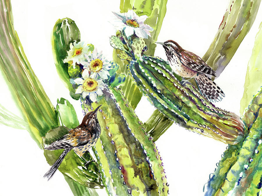 Desert Painting - Arizona State Bird and Flower, Saguaro and Cactus Wren by Suren Nersisyan