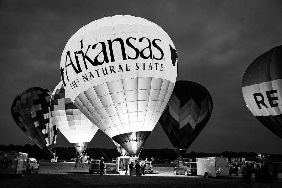 Arkansas Hot Air Balloon Glow - Black and White Photograph by Gregory Ballos