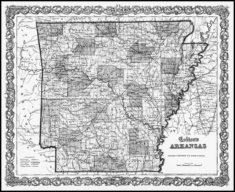 Arkansas Map Photograph - Arkansas Vintage Map 1855 Black and White  by Carol Japp