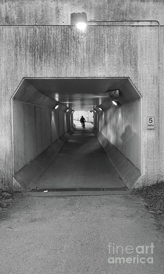Arlington Tunnel BW Bicyclist Silhouette Vertical Photograph by GJ Glorijean