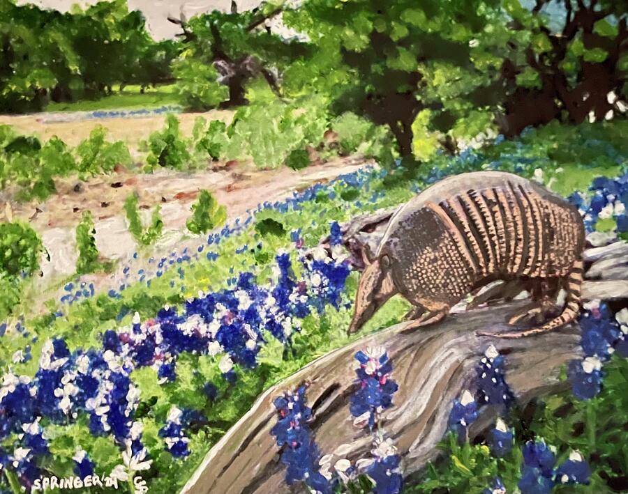 Armadillo amongst the Bluebonnets Painting by Gary Springer