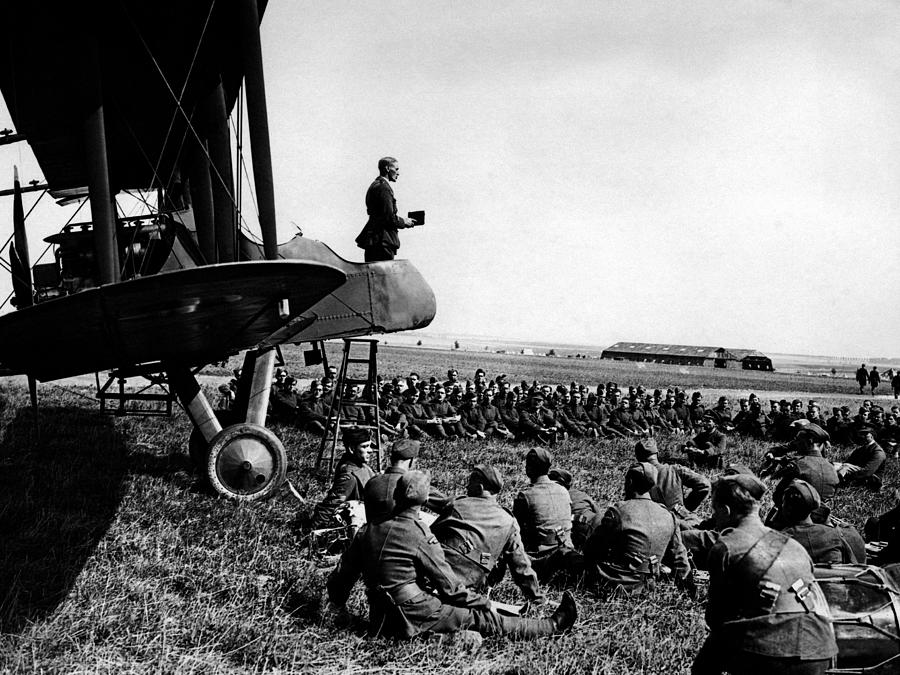 Army Chaplain Delivering Sermon From Plane Cockpit - WW1 France 1918 Photograph by War Is Hell Store