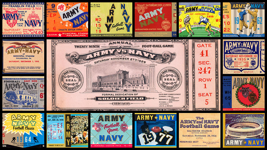 Army Navy Game Football Tickets Collage Mixed Media by Row One Brand