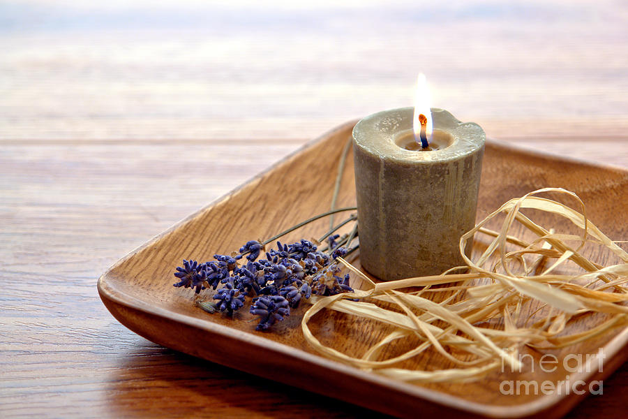 Aromatherapy Candle in a Wood Plate in a Spa Photograph by Olivier Le Queinec