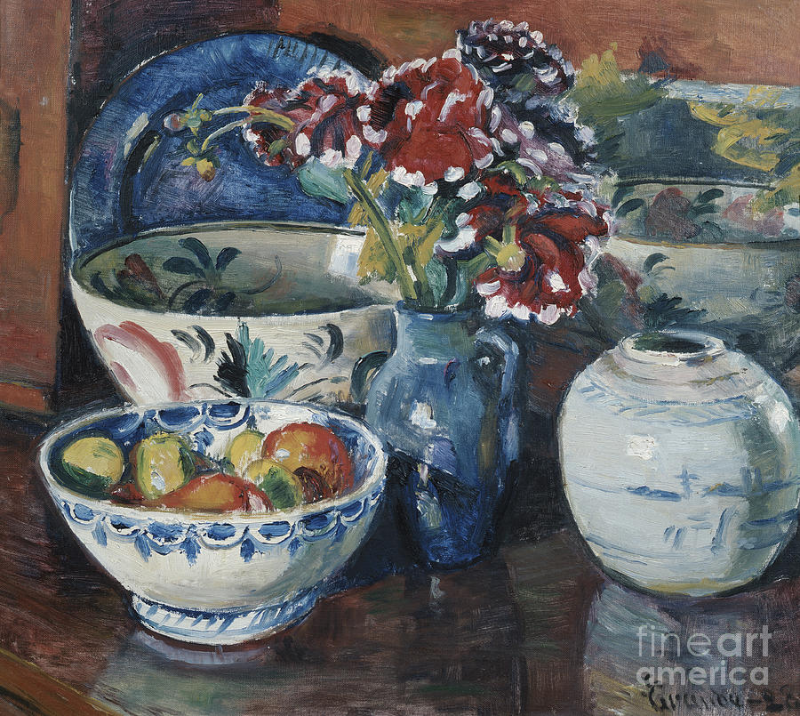 Arrangement with jars and flowers, 1928 Painting by O Vaering by Severin Grande