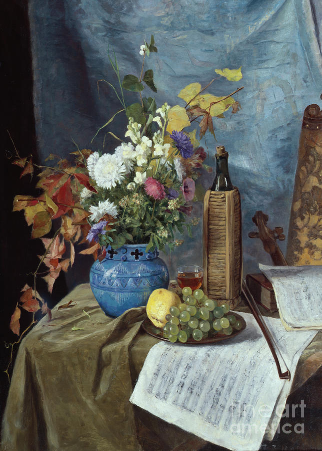 Arrangement with wine bottle, flowers and fruit, 1890 Painting by O Vaering by Mathilde Dietrichson