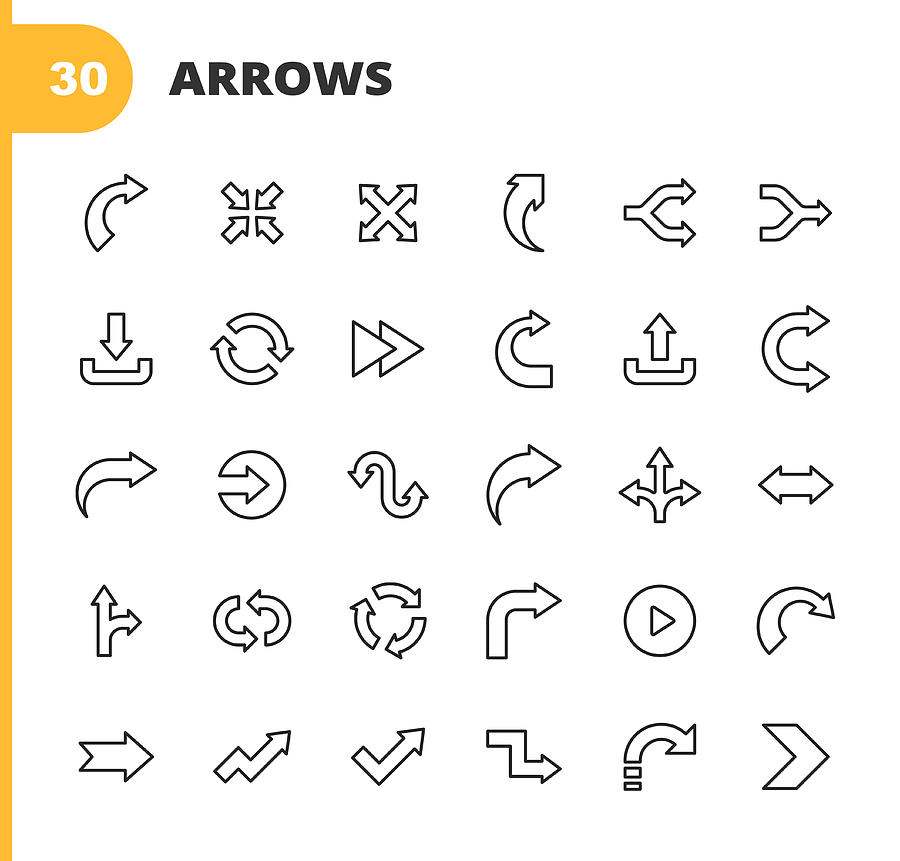 Arrow Line Icons. Editable Stroke. Pixel Perfect. For Mobile and Web. Contains such icons as Direction, Arrow, Traffic Sign, Downloading, Uploading, Play, Start, Navigation, User Interface Design, Flow Chart, Aiming, Speed. Drawing by Rambo182