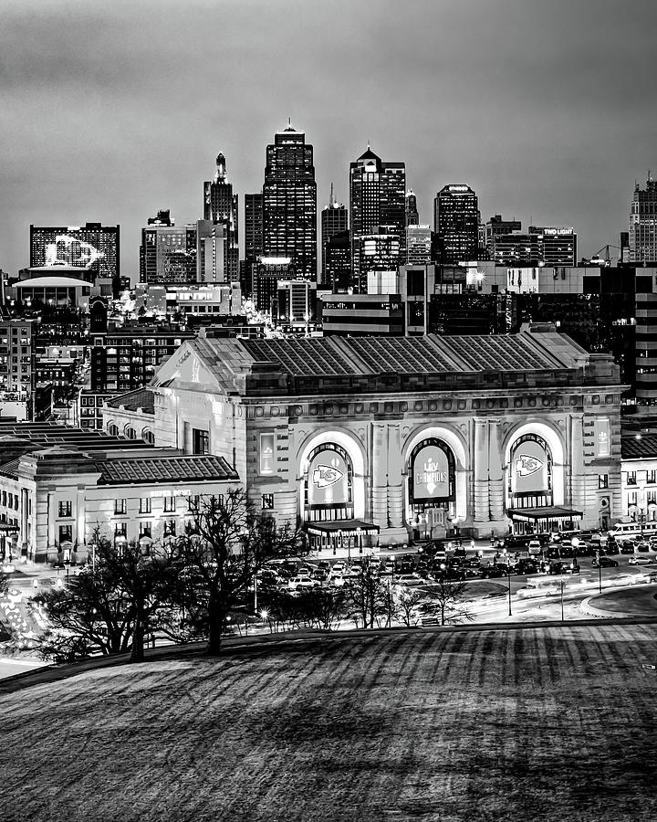 A City And Its Champions - Kansas City Skyline In Black And White Photograph