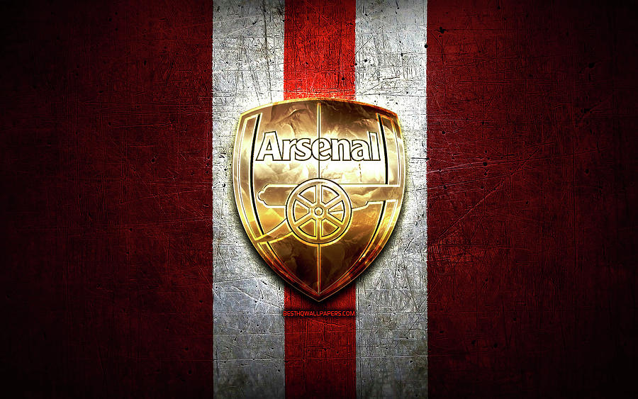 Arsenal FC golden logo Premier League red metal background football FC ...