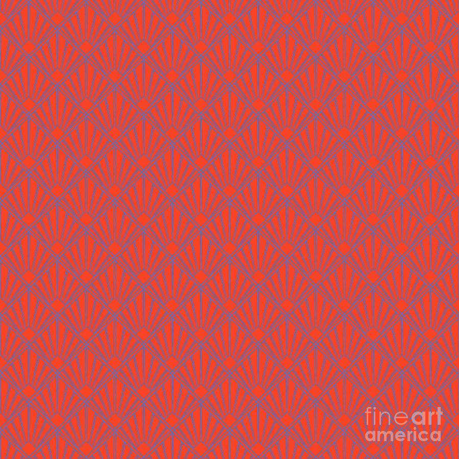 Abstract Painting - Art Deco Inverse Sunray Tile Pattern In Red Orange And True Blue n.1691 by Holy Rock Design
