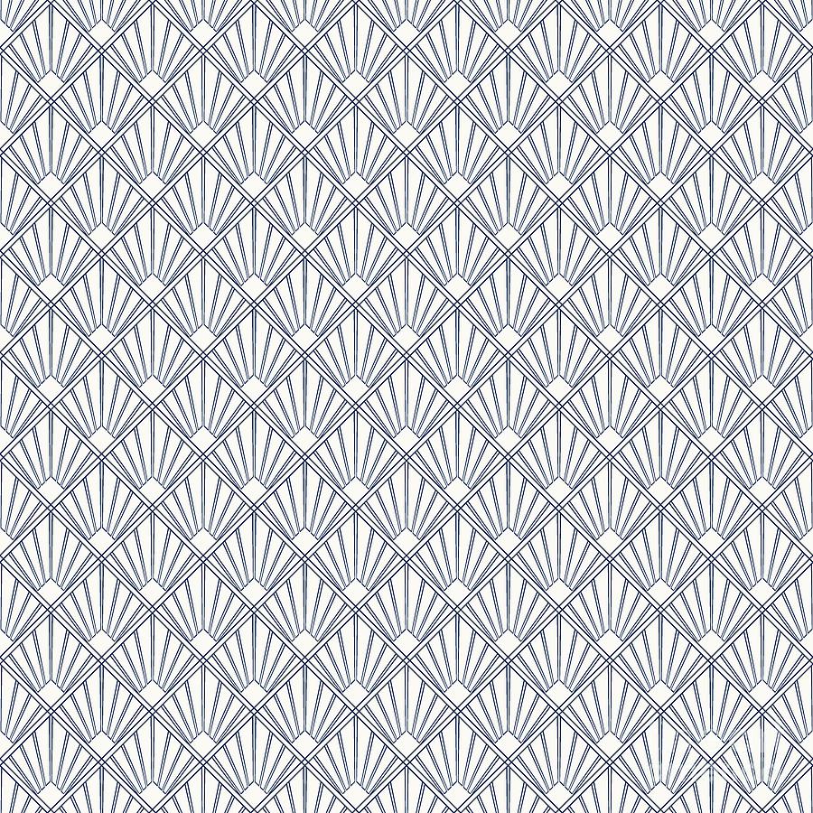 Abstract Painting - Art Deco Inverse Sunray Tile Pattern In Soft White And Navy Blue n.0488 by Holy Rock Design