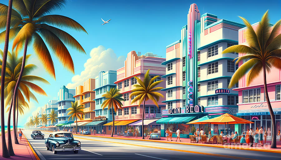 Miami Digital Art - Art Deco Miami Beach, Colorful Art Deco buildings along Miami Beachs Ocean Drive by Jeff Creation