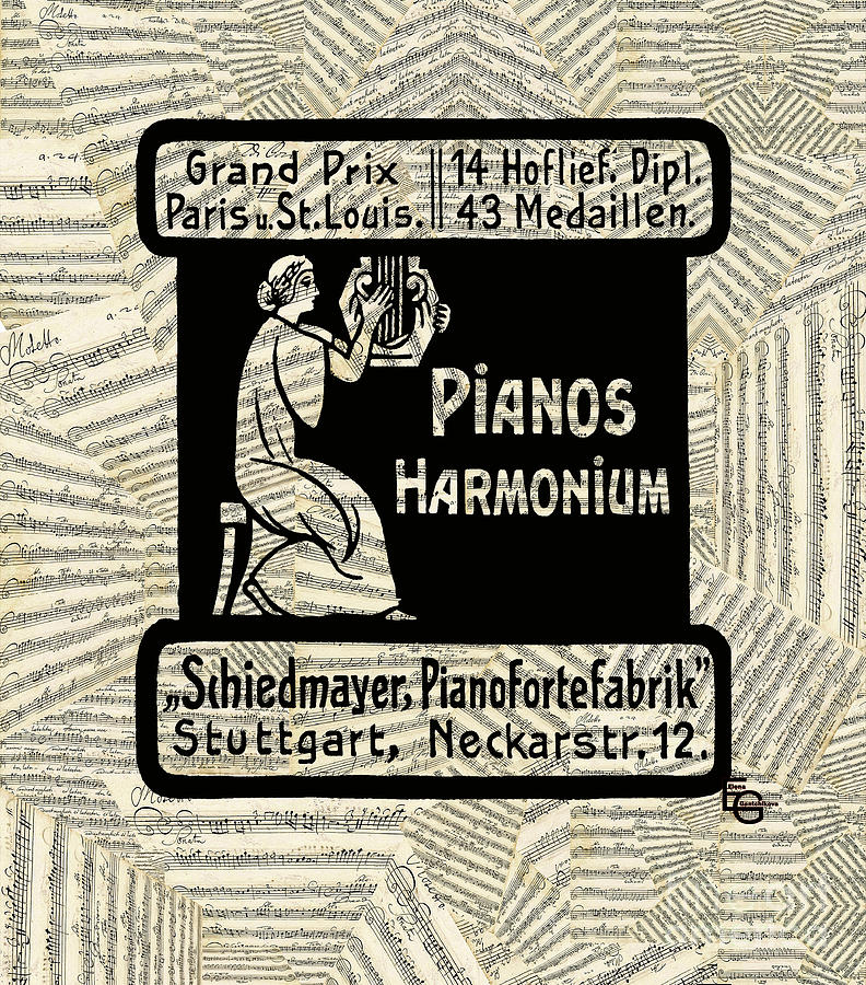 Art deco Pianos Harmonium pianofortefabrik vintage advertising. Collage with sheet music scores.  Mixed Media by Elena Gantchikova