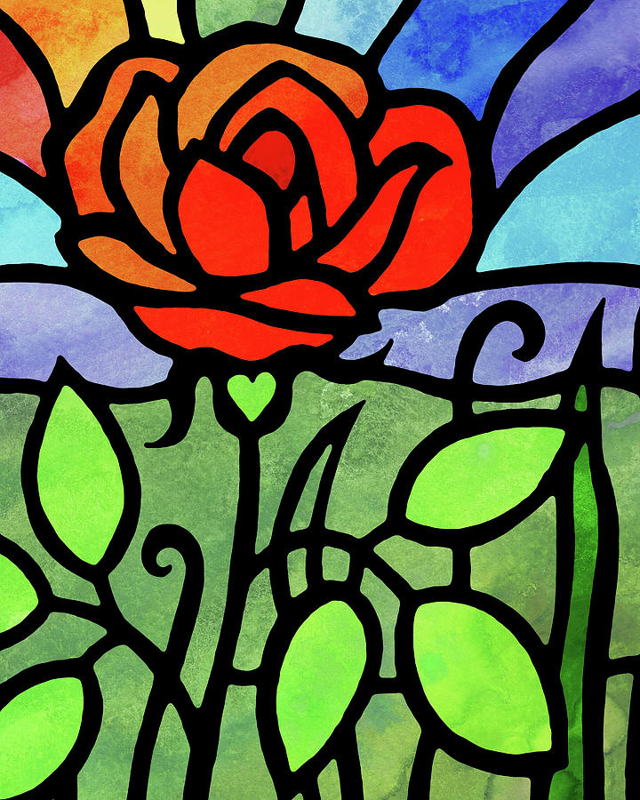 Art Deco Stained Glass Tiffany Style Watercolor Red Rose Painting