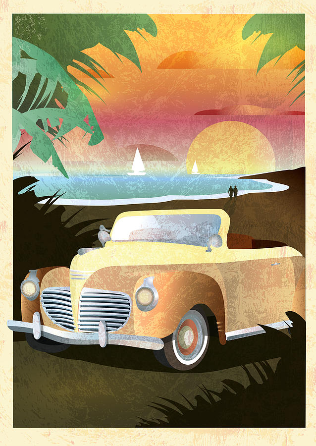 Art Deco style Paradise classic convertible car poster design Drawing by JDawnInk