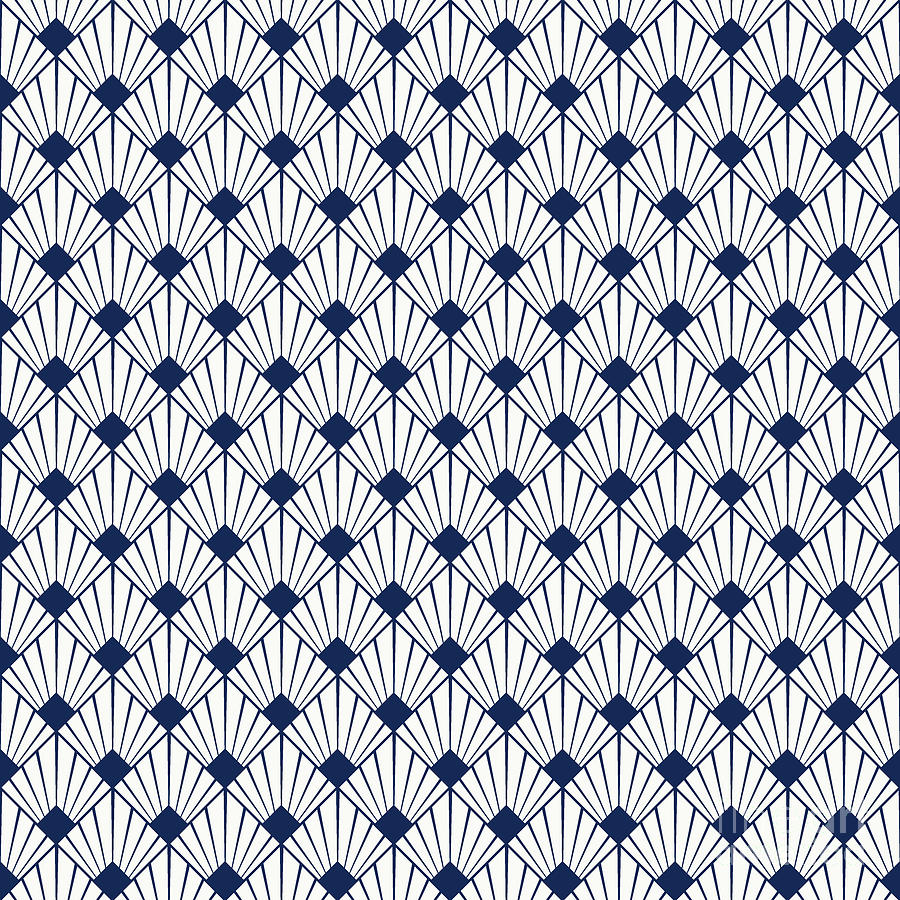 Abstract Painting - Art Deco Sunray Tile Pattern In Soft White And Navy Blue n.1265 by Holy Rock Design