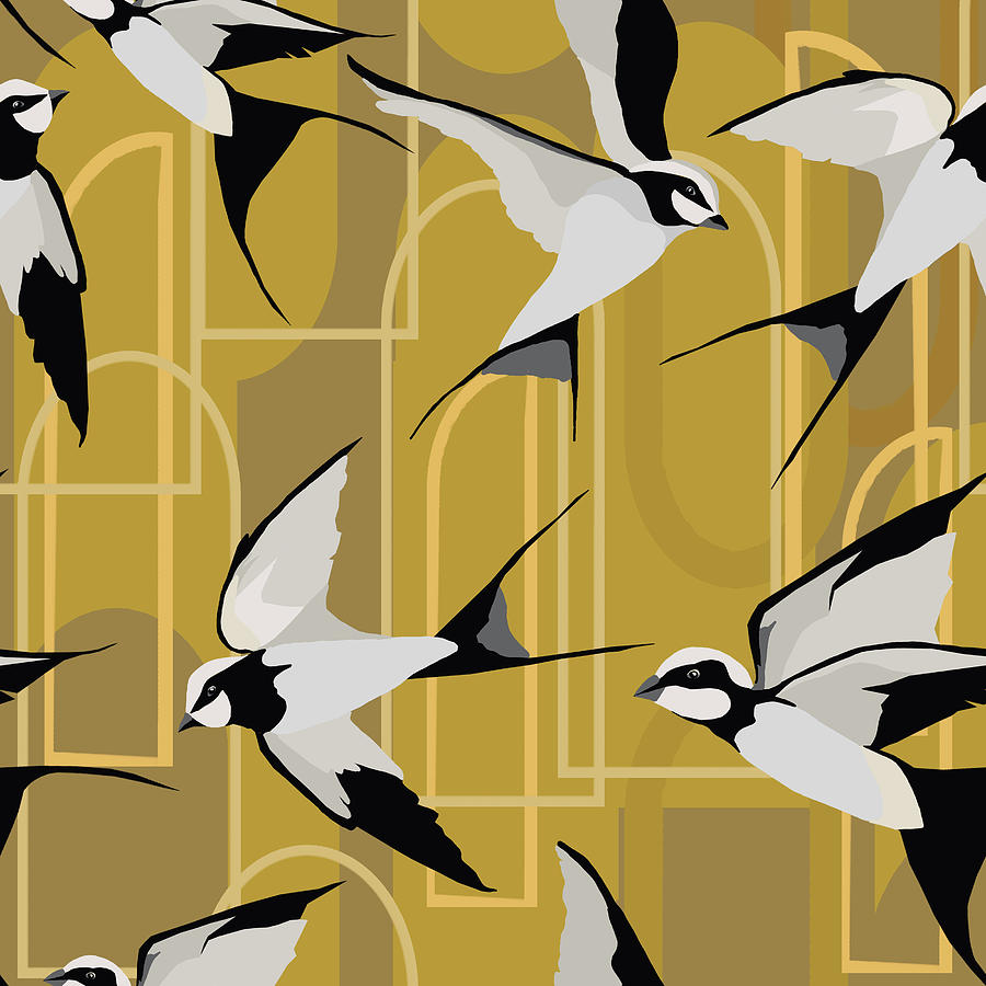 Art Deco Swallows on Gold Digital Art by Sand And Chi