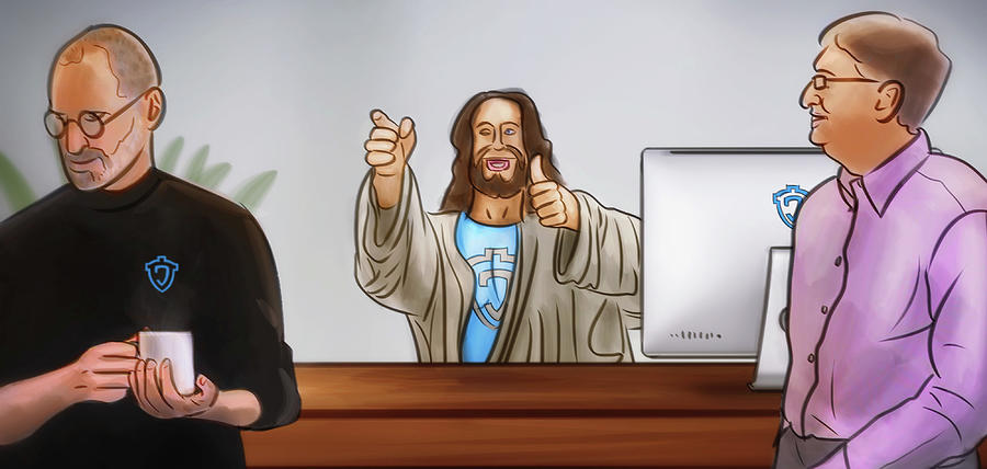 Art - Jesus Brainstorming with Steve Jobs and Bill Gates Digital Art by Matthias Zegveld Art - Jesus Brainstorming with Steve Jobs and Bill Gates Digital Art by Matthias Zegveld