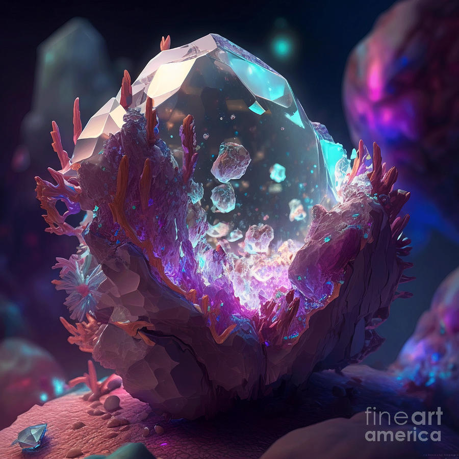Vintage Drawing - Art No 09, Neon Glowing Sulphuric 3D Realistic Crystal Drawing by Mounir Khalfouf