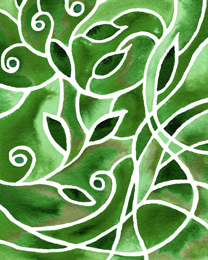 Art Nouveau Batik Style Leaves And Lines Green Pattern Watercolor Painting by Irina Sztukowski