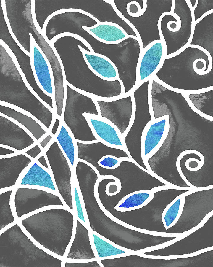 Art Nouveau Batik Style Leaves And Lines Teal Gray Pattern Watercolor  Painting by Irina Sztukowski