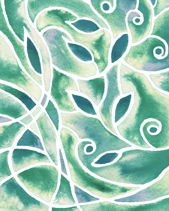 Art Nouveau Batik Style Leaves And Lines Teal Pattern Watercolor  Painting by Irina Sztukowski