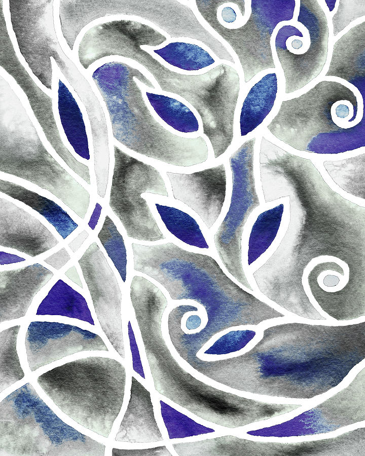 Art Nouveau Batik Style Leaves And Lines Ultramarine Gray Pattern Watercolor  Painting by Irina Sztukowski
