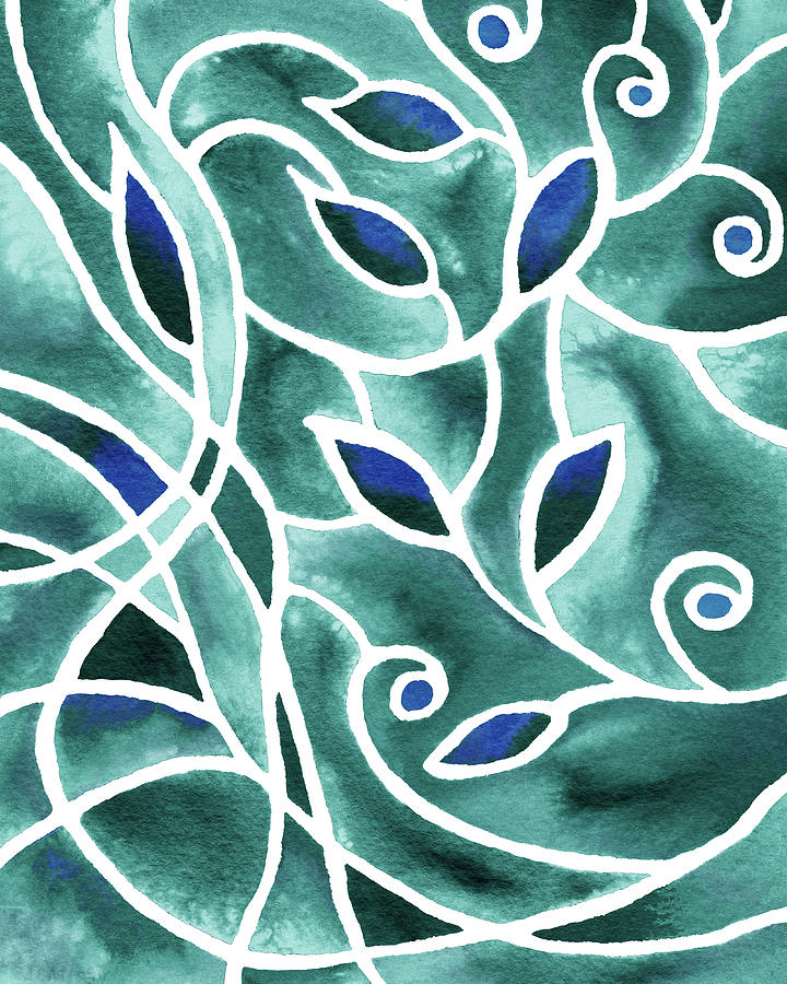 Art Nouveau Batik Style Leaves And Lines Ultramarine Teal Blue Pattern Watercolor  Painting by Irina Sztukowski