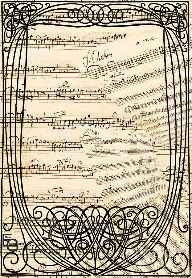 A collage of music manuscripts score in a frame Art Nouveau, Belle Epoque,  Arts and Crafts, Modern Mixed Media by Elena Gantchikova