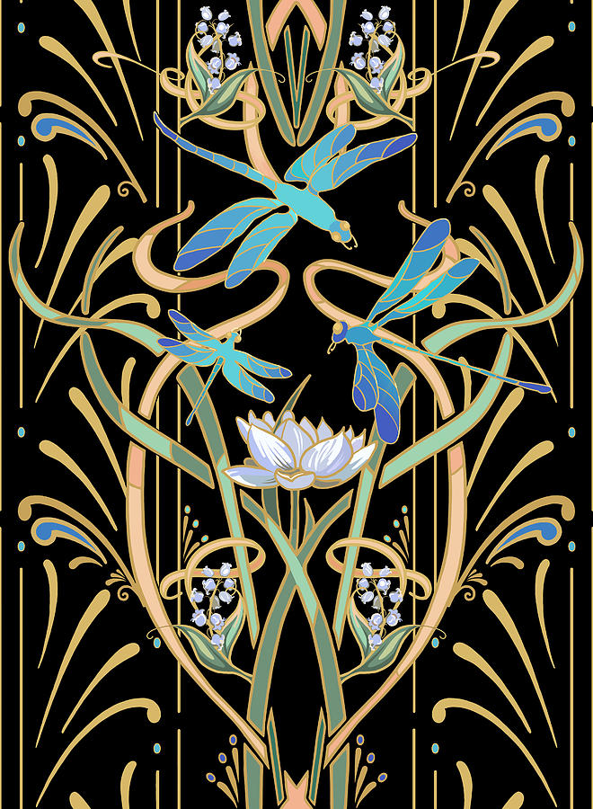 Art Nouveau Dragonfly Pattern - Black Drawing by L Diane Johnson