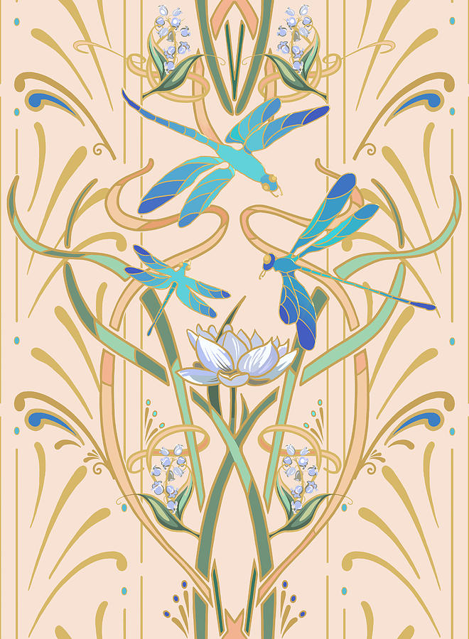 Art Nouveau Dragonfly Pattern - Peach Blush Drawing by L Diane Johnson