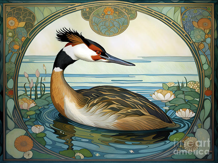 Art Nouveau Great Crested Grebe Painting by Philip Openshaw