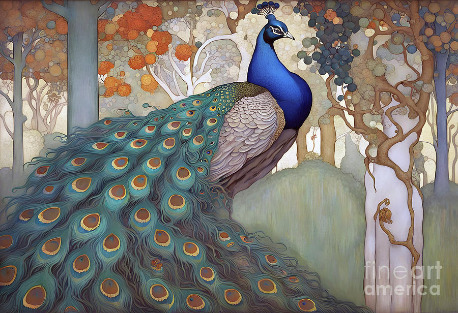 Art Nouveau Green Peacock Painting by Philip Openshaw