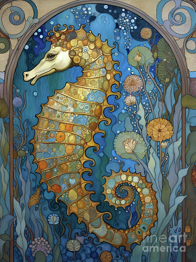 Art Nouveau jewelled Seahorse Painting by Philip Openshaw