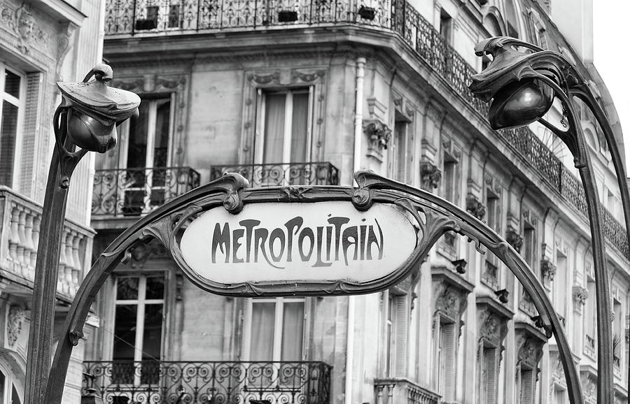 Art Nouveau Metro Subway Entrance Sign Paris France Black and White Photograph by Shawn OBrien