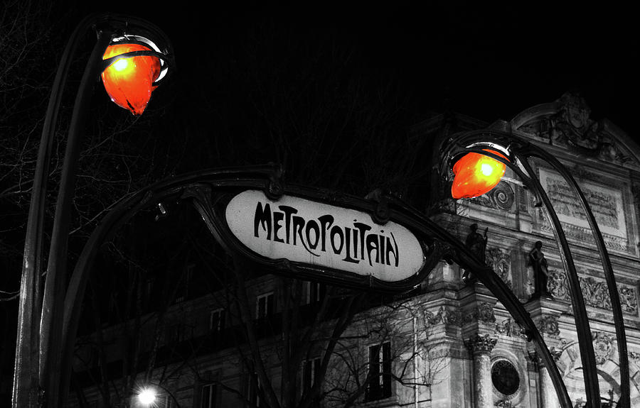 Art Nouveau Metro Subway Entrance Sign Paris France Night Noir Color Splash Red Digital Art by Shawn OBrien