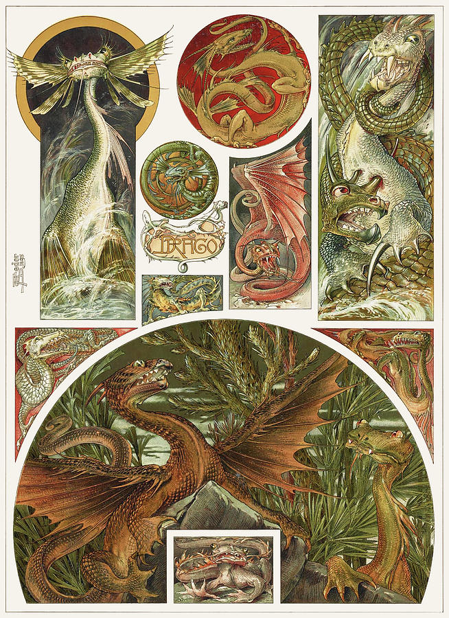 Art nouveau motifs and design elements by Anton Seder - Dragon fantasy Drawing by Anton Seder